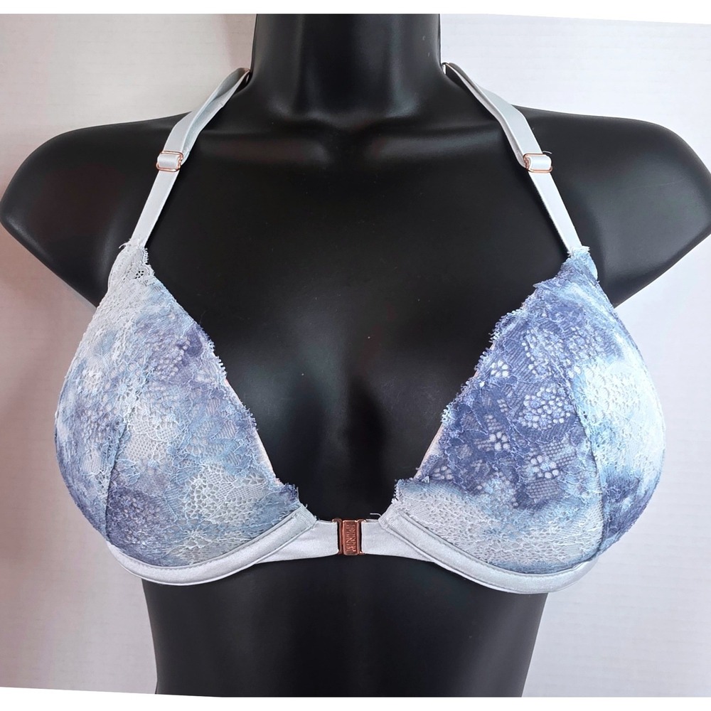 Victoria's Secret PINK Date Push Up Bra 32DD Blue Lace Front Close Racerback